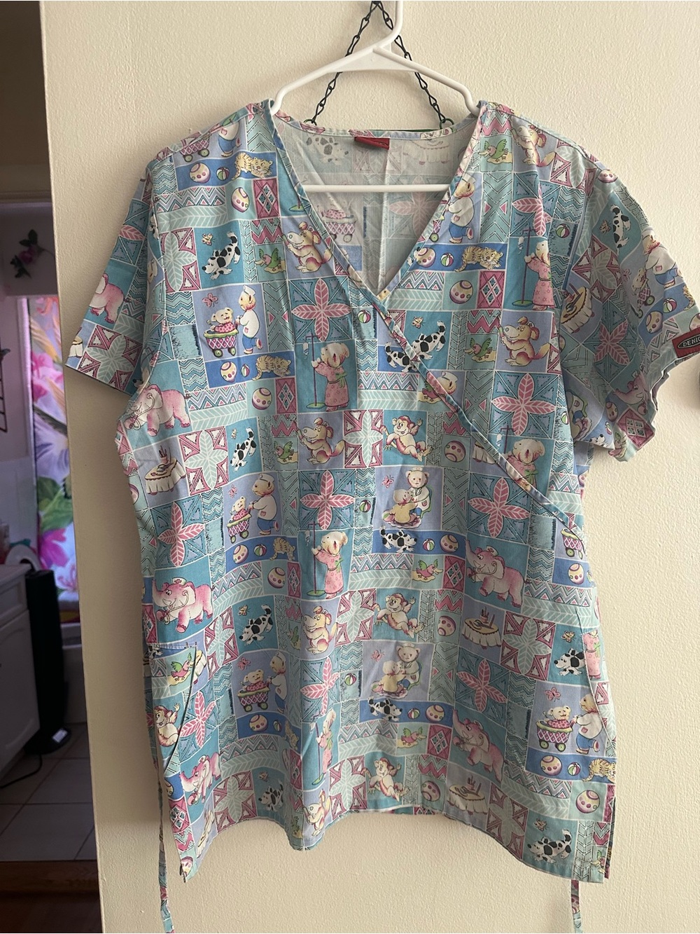 Women’s V-Neck Printed Scrub Top - Pastel Blue